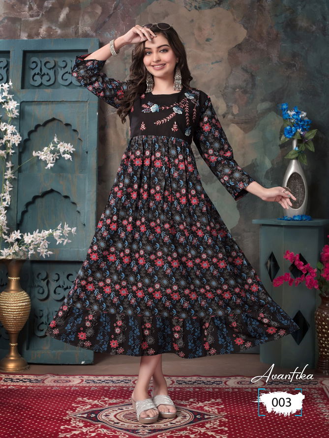 Avantika By Trendy 001 To 010Long Flair Anarkali  Kurtis Exporters In India
